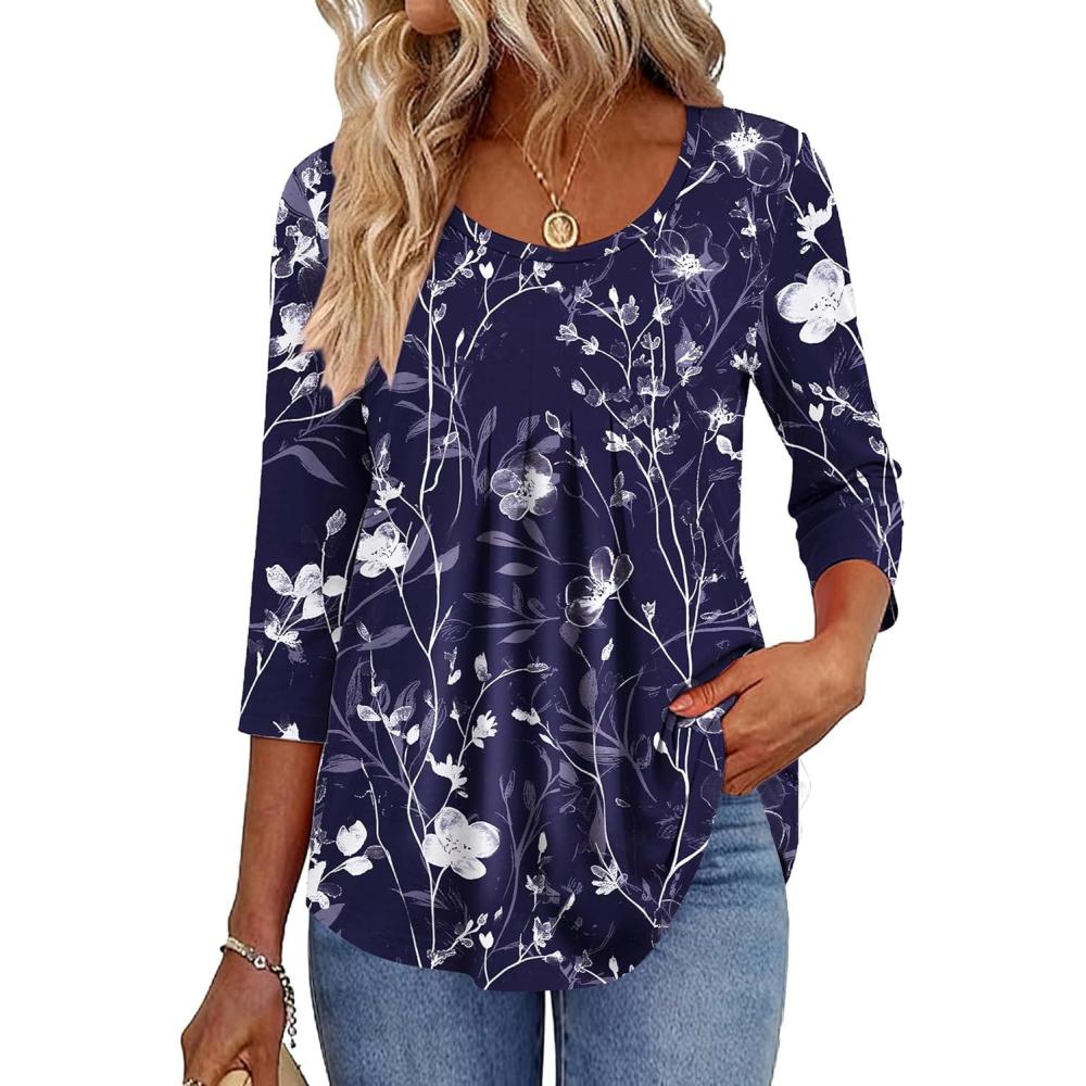 imageZeagoo 34 Sleeve Tops for Women Crew Neck Blouses Pleated Casual Shirts Fall Work Clothes 2026Navy White Floral
