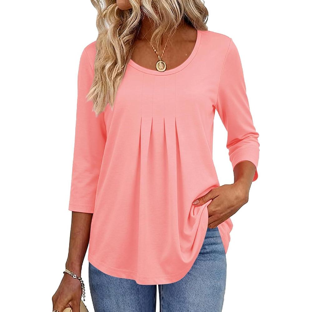 imageZeagoo 34 Sleeve Tops for Women Crew Neck Blouses Pleated Casual Shirts Fall Work Clothes 2026Pink