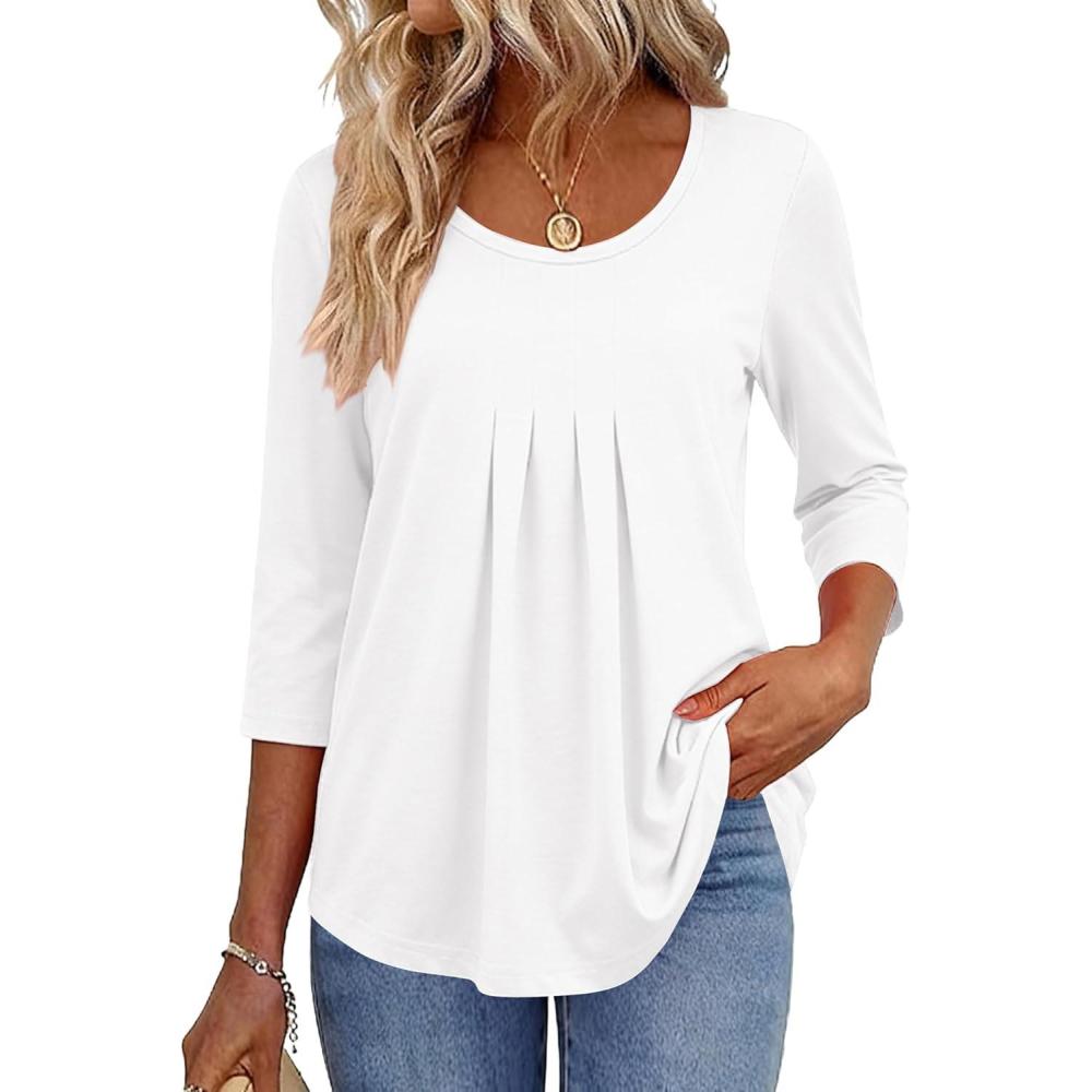 imageZeagoo 34 Sleeve Tops for Women Crew Neck Blouses Pleated Casual Shirts Fall Work Clothes 2026White