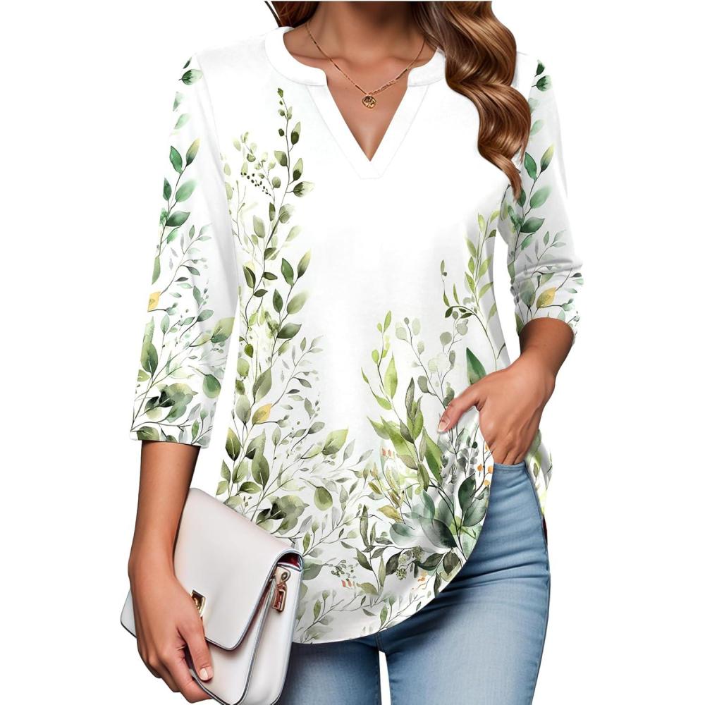 imageZeagoo Womens 34 Length Sleeve Tops V Neck Tunic Casual Dressy Blouse Floral Printed ShirtsGreen Leaf on White Wf135