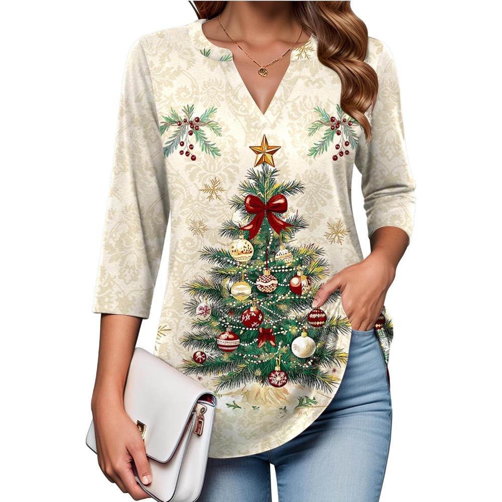 imageZeagoo Womens 34 Length Sleeve Tops V Neck Tunic Casual Dressy Blouse Floral Printed ShirtsTree Apricot