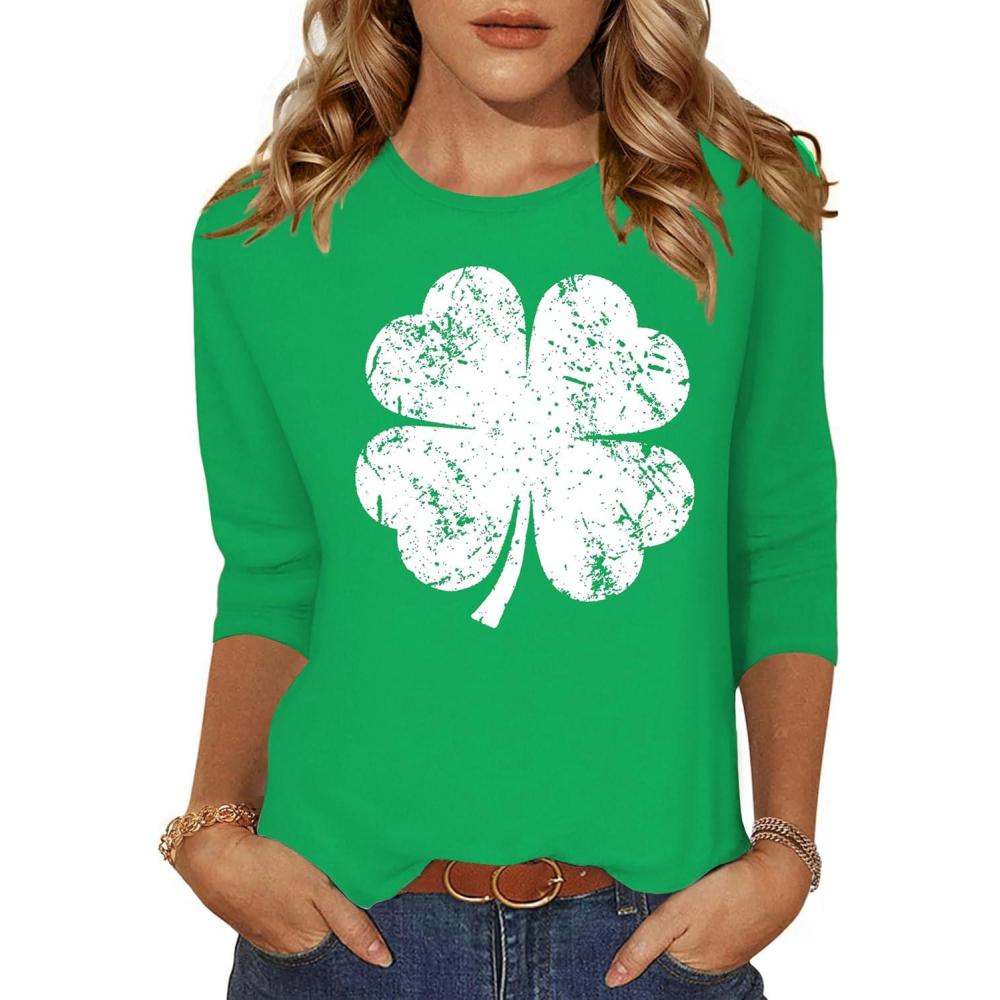 imageZeagoo Womens Casual 34 Sleeve TShirts Round Neck Cute Tunic Tops Basic Tees Blouses Business Work Tee TopLucky Clover