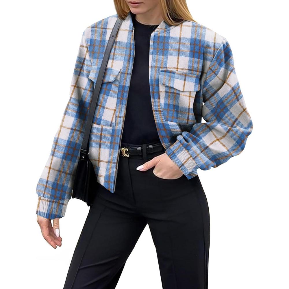 imageZeagoo Womens Cropped Jacket Stand Collar Long Sleeve Zip Up Shackets Bomber Jacket Coats with PocketsBlue Plaid Flannel