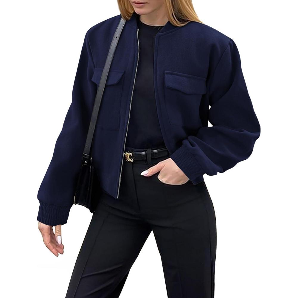 imageZeagoo Womens Cropped Jacket Stand Collar Long Sleeve Zip Up Shackets Bomber Jacket Coats with PocketsNavy Blue