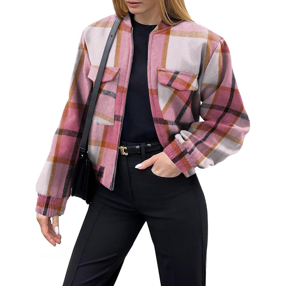 imageZeagoo Womens Cropped Jacket Stand Collar Long Sleeve Zip Up Shackets Bomber Jacket Coats with PocketsPink Plaid Flannel