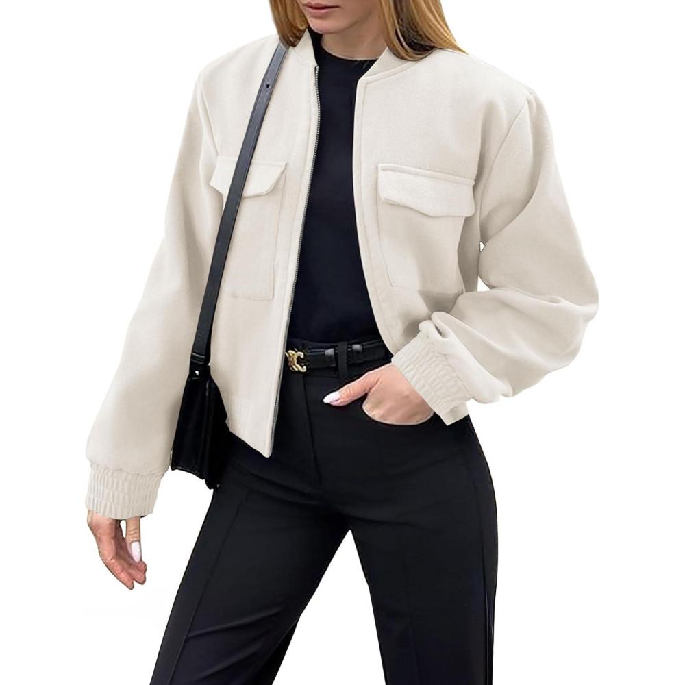 imageZeagoo Womens Cropped Jacket Stand Collar Long Sleeve Zip Up Shackets Bomber Jacket Coats with PocketsWhite