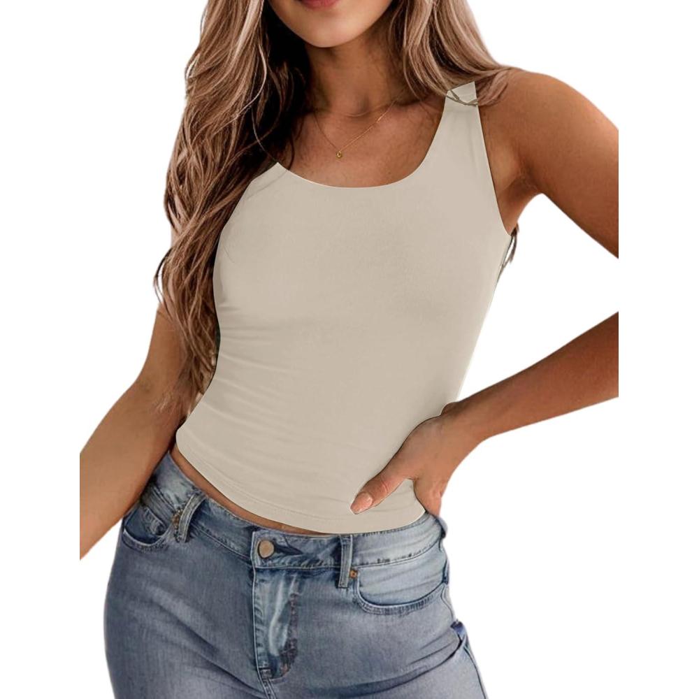 imageZeagoo Womens Double Lined Square Neck Tank Top Sleeveless Basic Crop Tops Trendy Going Out TopsBeige