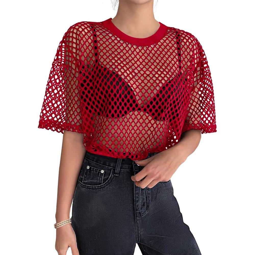 imageZeagoo Womens Mesh T Shirts Short Sleeve Casual Tops Hollow Out Pullover Shirts Crewneck Sexy Fishnet Crop Tee SXXL