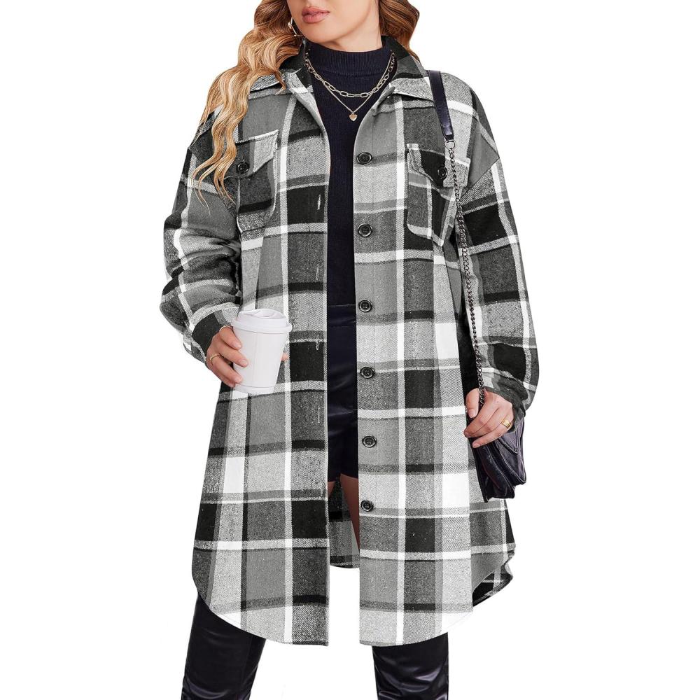imageZeagoo Womens Plus Size Flannel Plaid Button Down Shirts Long Sleeve Lounge Lapel Tartan Shacket Jacket Long Coats 2024Black