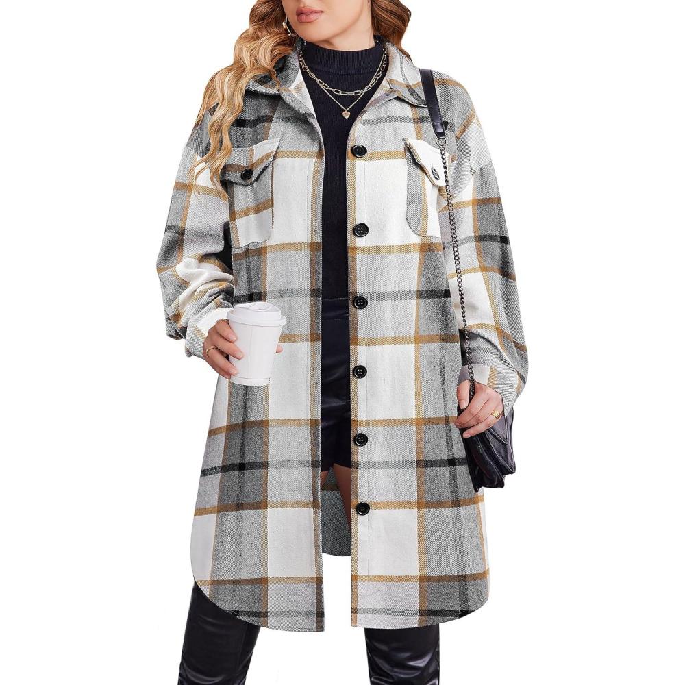 imageZeagoo Womens Plus Size Flannel Plaid Button Down Shirts Long Sleeve Lounge Lapel Tartan Shacket Jacket Long Coats 2024Grey