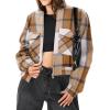 Zeagoo Womens Cropped Jacket Stand Collar Long Sleeve Zip Up Shackets Bomber Jacket Coats with Pockets(Khaki Plaid Flannel)