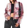 Zeagoo Womens Cropped Jacket Stand Collar Long Sleeve Zip Up Shackets Bomber Jacket Coats with Pockets(Pink Plaid Flannel)