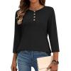 Zeagoo Womens Tops 3/4 Length Sleeve T Shirts Dressy Casual Button Down Blouses Spring Fall Clothes(Black)