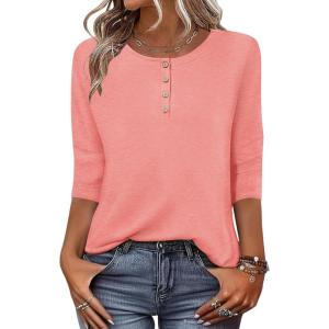Zeagoo 3/4 Length Sleeve Women Tops Crew Neck Blouses Dressy Casual Summer T Shirts Loose Fit Business Work Clothes(Coral Pink)