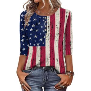 Zeagoo 3/4 Length Sleeve Women Tops Crew Neck Blouses Dressy Casual Summer T Shirts Loose Fit Business Work Clothes(Gq38-flag)
