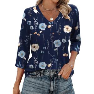 Zeagoo 3/4 Length Sleeve Womens Tops Casual V Neck Shirts Soft Basic Tees Business Work Blouses(Navy Floral)