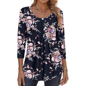 Zeagoo 3/4 Sleeve Tops for Women Crew Neck Blouses Pleated Casual Shirts Fall Work Clothes 2026(Black Floral)