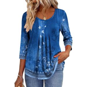 Zeagoo 3/4 Sleeve Tops for Women Crew Neck Blouses Pleated Casual Shirts Fall Work Clothes 2026(Floral Navy)