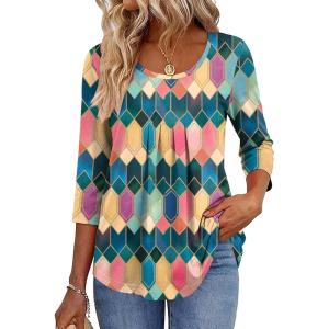 Zeagoo 3/4 Sleeve Tops for Women Crew Neck Blouses Pleated Casual Shirts Fall Work Clothes 2026(Multi 1)