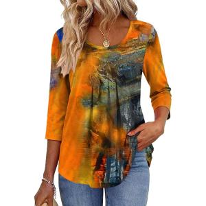 Zeagoo 3/4 Sleeve Tops for Women Crew Neck Blouses Pleated Casual Shirts Fall Work Clothes 2026(Multi 2)