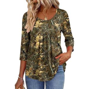Zeagoo 3/4 Sleeve Tops for Women Crew Neck Blouses Pleated Casual Shirts Fall Work Clothes 2026(Multi 3)