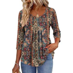 Zeagoo 3/4 Sleeve Tops for Women Crew Neck Blouses Pleated Casual Shirts Fall Work Clothes 2026(Multi Floral Mz721)