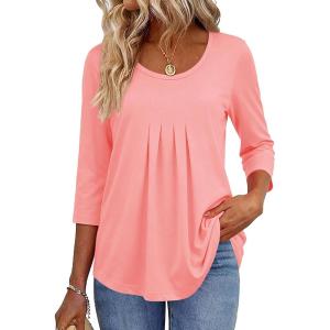 Zeagoo 3/4 Sleeve Tops for Women Crew Neck Blouses Pleated Casual Shirts Fall Work Clothes 2026(Pink)