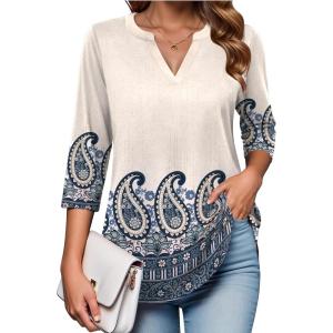 Zeagoo Womens 3/4 Length Sleeve Tops V Neck Tunic Casual Dressy Blouse Floral Printed Shirts(Aprioct Boho Yg9)