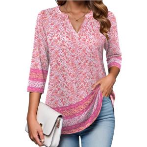 Zeagoo Womens 3/4 Length Sleeve Tops V Neck Tunic Casual Dressy Blouse Floral Printed Shirts(Pink Floral Mz744)