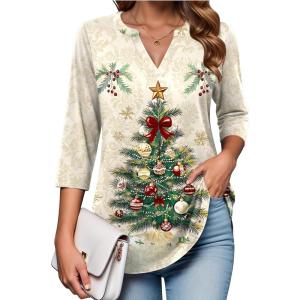 Zeagoo Womens 3/4 Length Sleeve Tops V Neck Tunic Casual Dressy Blouse Floral Printed Shirts(Tree Apricot)
