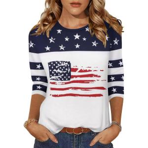 Zeagoo Women’s Casual 3/4 Sleeve T-Shirts Round Neck Cute Tunic Tops Basic Tees Blouses Business Work Tee Top(Flag-gq39)