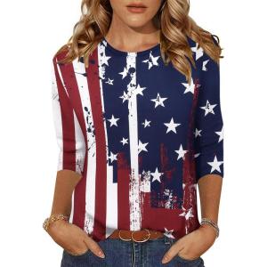 Zeagoo Women’s Casual 3/4 Sleeve T-Shirts Round Neck Cute Tunic Tops Basic Tees Blouses Business Work Tee Top(Flag-gq41)