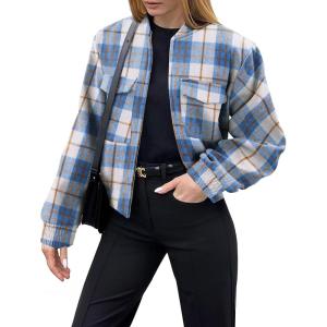 Zeagoo Womens Cropped Jacket Stand Collar Long Sleeve Zip Up Shackets Bomber Jacket Coats with Pockets(Blue Plaid Flannel)