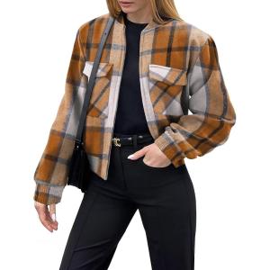 Zeagoo Womens Cropped Jacket Stand Collar Long Sleeve Zip Up Shackets Bomber Jacket Coats with Pockets(Khaki Plaid Flannel)