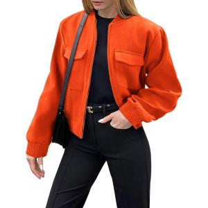 Zeagoo Womens Cropped Jacket Stand Collar Long Sleeve Zip Up Shackets Bomber Jacket Coats with Pockets(Pumpkin)