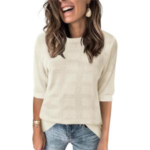 Zeagoo Womens Loose Short Sleeve Tunic Tops Lightweight Crew Neck Crochet Knit Pullover Sweater Blouses(Beige)