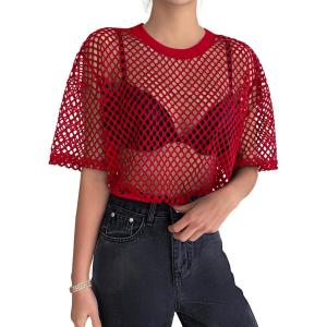 Zeagoo Womens Mesh T Shirts Short Sleeve Casual Tops Hollow Out Pullover Shirts Crewneck Sexy Fishnet Crop Tee S-XXL