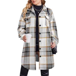 Zeagoo Womens Plus Size Flannel Plaid Button Down Shirts Long Sleeve Lounge Lapel Tartan Shacket Jacket Long Coats 2024(Grey)