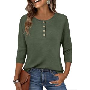 Zeagoo Womens Tops 3/4 Length Sleeve T Shirts Dressy Casual Button Down Blouses Spring Fall Clothes(Army Green)