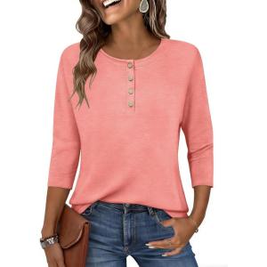 Zeagoo Womens Tops 3/4 Length Sleeve T Shirts Dressy Casual Button Down Blouses Spring Fall Clothes(Coral Pink)