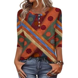 Zeagoo Womens Tops 3/4 Length Sleeve T Shirts Dressy Casual Button Down Blouses Spring Fall Clothes(Jh544-red Print)