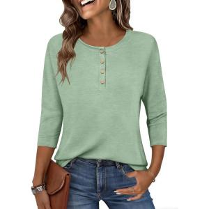 Zeagoo Womens Tops 3/4 Length Sleeve T Shirts Dressy Casual Button Down Blouses Spring Fall Clothes(Light Green)
