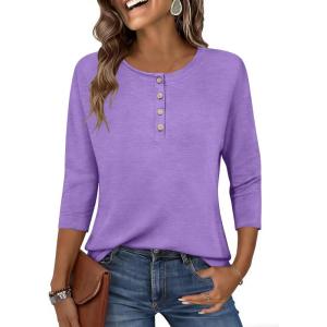 Zeagoo Womens Tops 3/4 Length Sleeve T Shirts Dressy Casual Button Down Blouses Spring Fall Clothes(Light Purple)