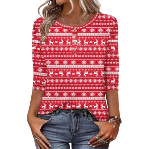 Zeagoo Womens Tops 3/4 Length Sleeve T Shirts Dressy Casual Button Down Blouses Spring Fall Clothes(Sd142-red)