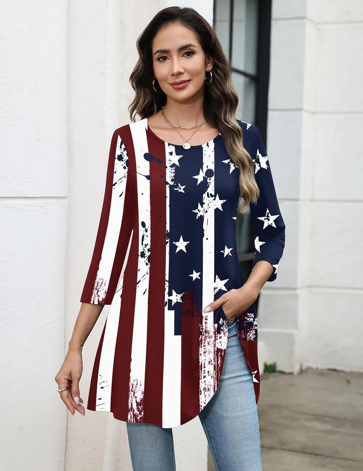 imageZeagoo Women Tops 34 Sleeve Dressy Casual Plus Size Tunics to Wear with Leggings Swing Flare TShirt Loose BlousesFlaggq41