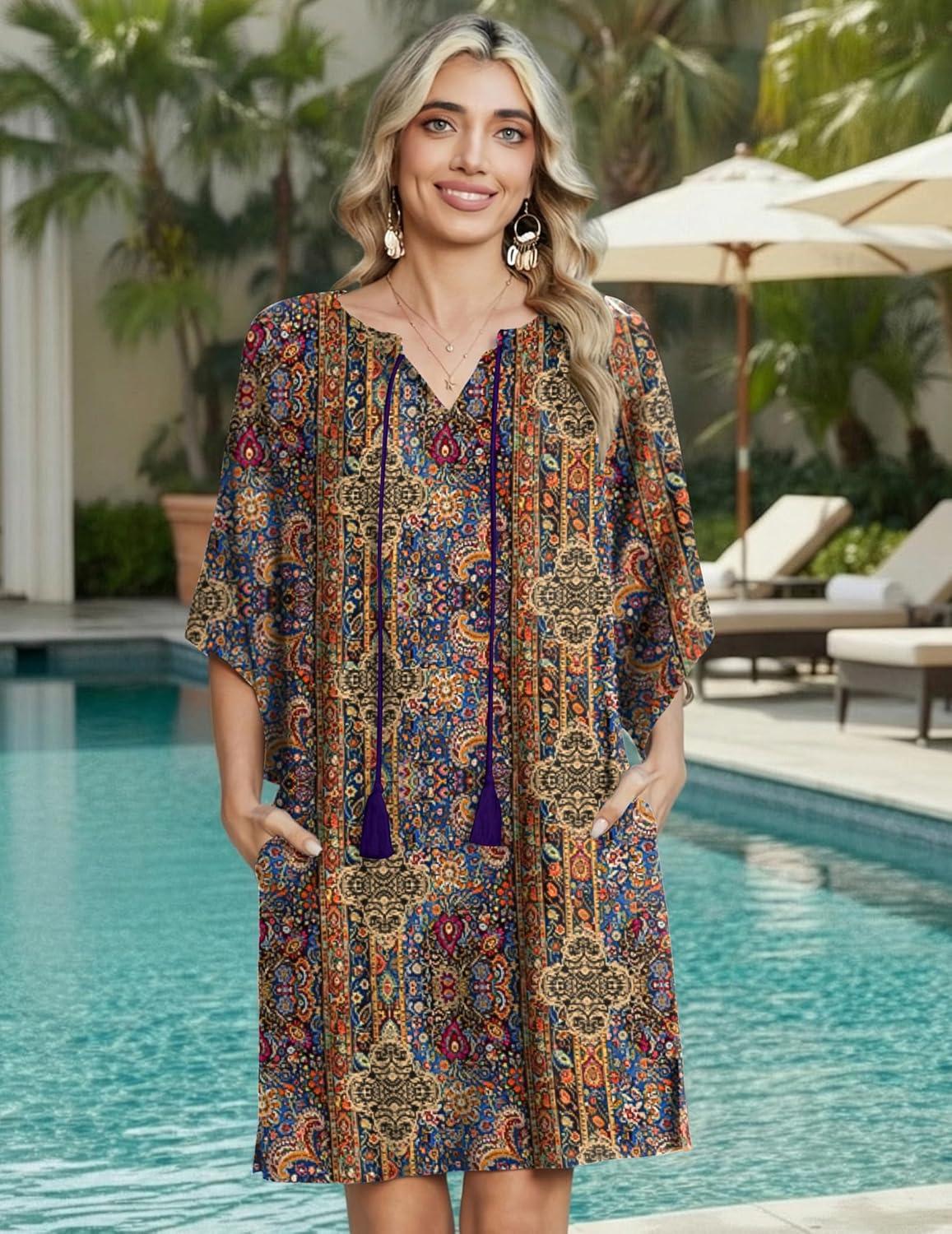 imageZeagoo Womens Casual Beach Summer Dress Boho Cover Up Tassel Tie V Neck 34 Long Sleeve Mini Sundress 2026 Floral PrintA01ethnic