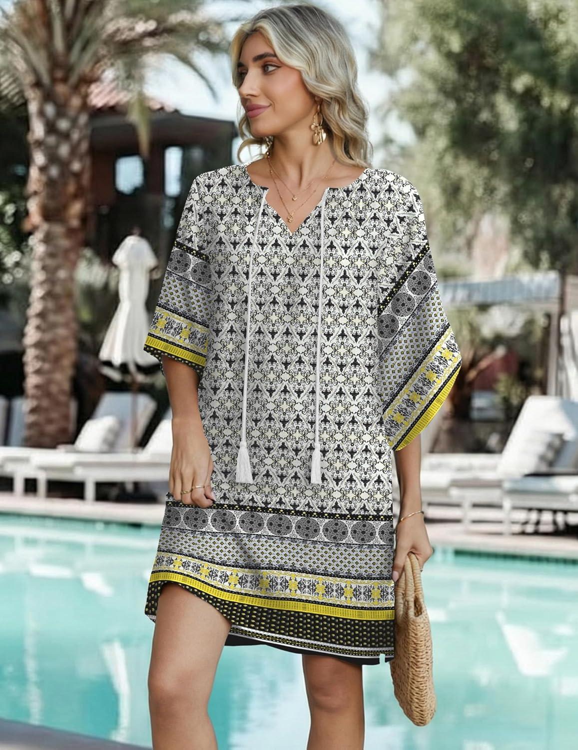 imageZeagoo Womens Casual Beach Summer Dress Boho Cover Up Tassel Tie V Neck 34 Long Sleeve Mini Sundress 2026 Floral PrintA02boho