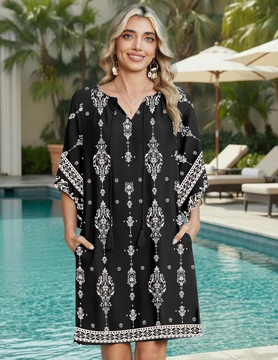 imageZeagoo Womens Casual Beach Summer Dress Boho Cover Up Tassel Tie V Neck 34 Long Sleeve Mini Sundress 2026 Floral PrintBlack Apricot