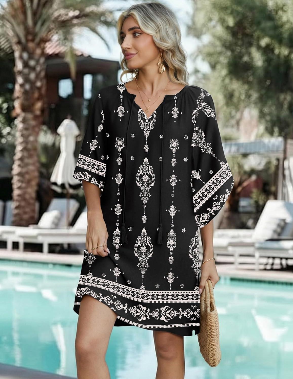 imageZeagoo Womens Casual Beach Summer Dress Boho Cover Up Tassel Tie V Neck 34 Long Sleeve Mini Sundress 2026 Floral PrintBlack Apricot