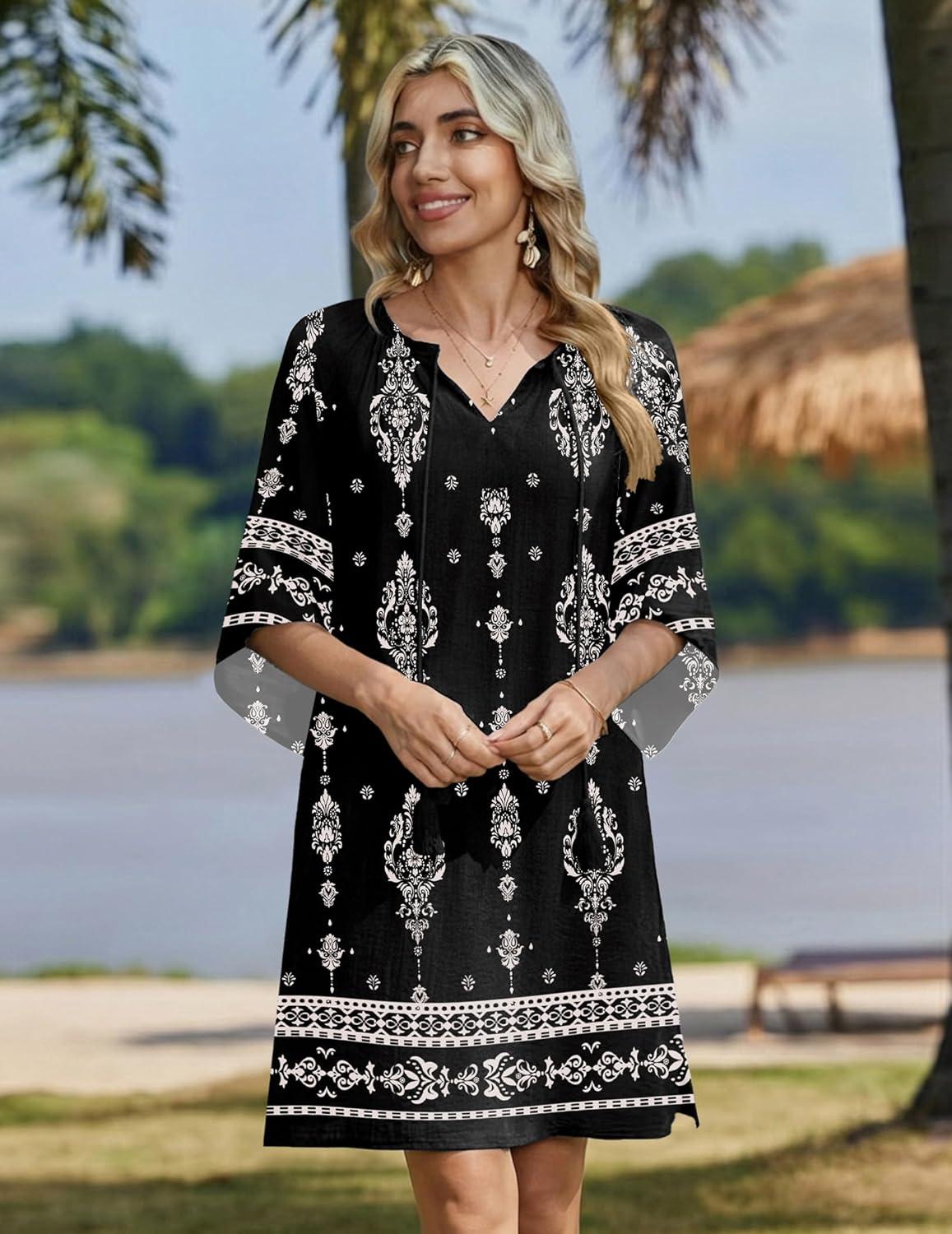 imageZeagoo Womens Casual Beach Summer Dress Boho Cover Up Tassel Tie V Neck 34 Long Sleeve Mini Sundress 2026 Floral PrintBlack Apricot